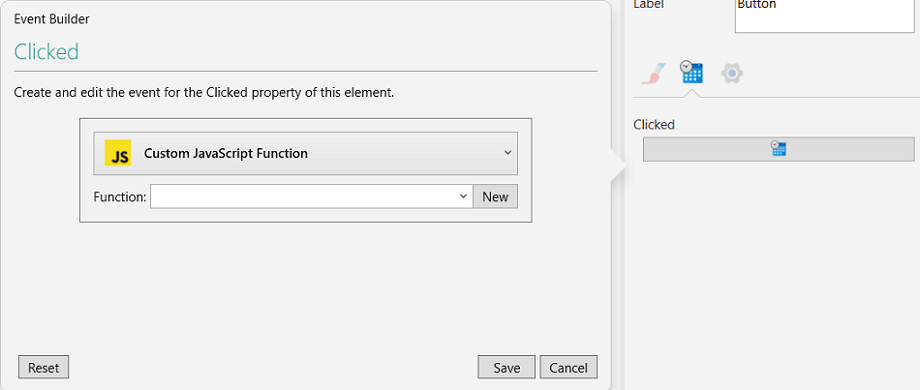 Picture showing Custom JavaScript Function selected in the Event Builder pop-up.